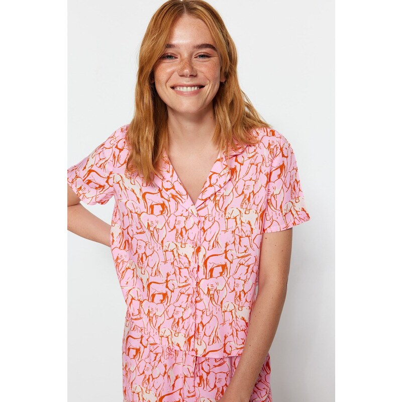 Trendyol Pink Viscose Animal Patterned Shirt-Shorts Woven Pajamas Set