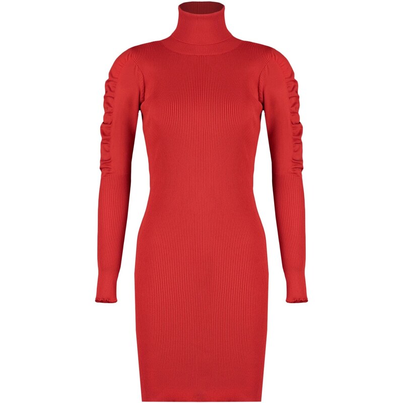 Trendyol Red Mini Knitwear Turtleneck Sleeve Shirring Detailed Dress