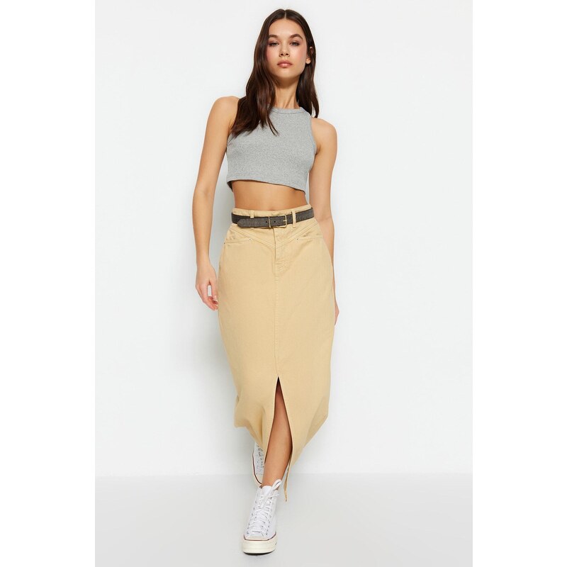 Trendyol Green Maxi Denim Skirt With a Slit