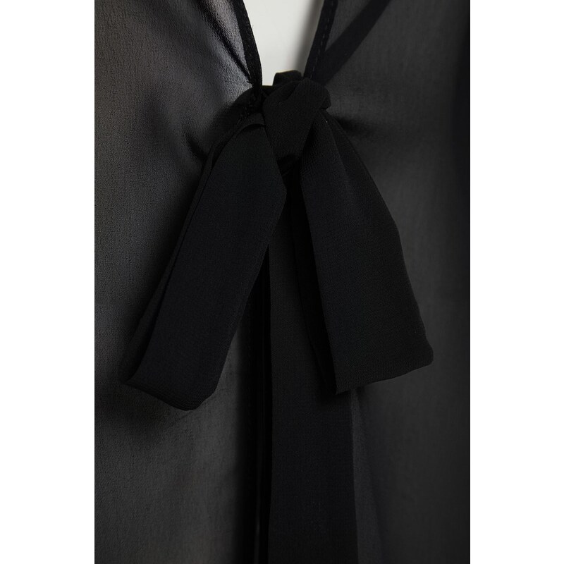 Trendyol Curve Black Short Chiffon Kimono & Kaftan with Tie Detail