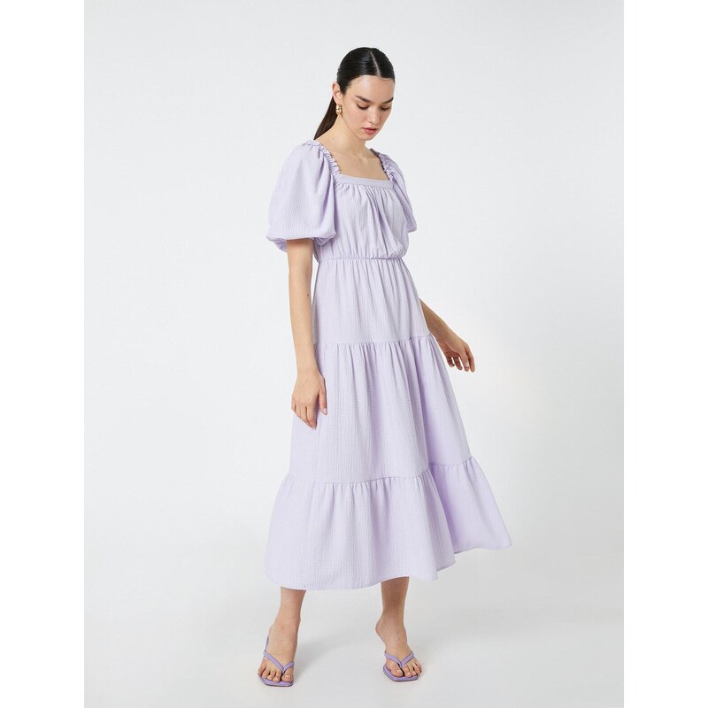 Koton Midi Balloon Sleeve Dress Tiered Square Neckline