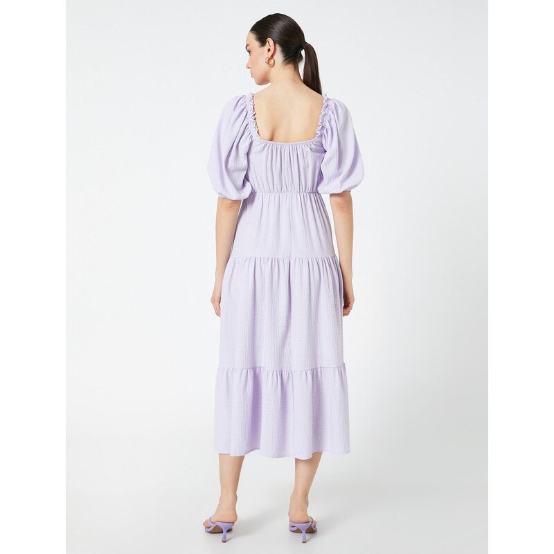 Koton Midi Balloon Sleeve Dress Tiered Square Neckline