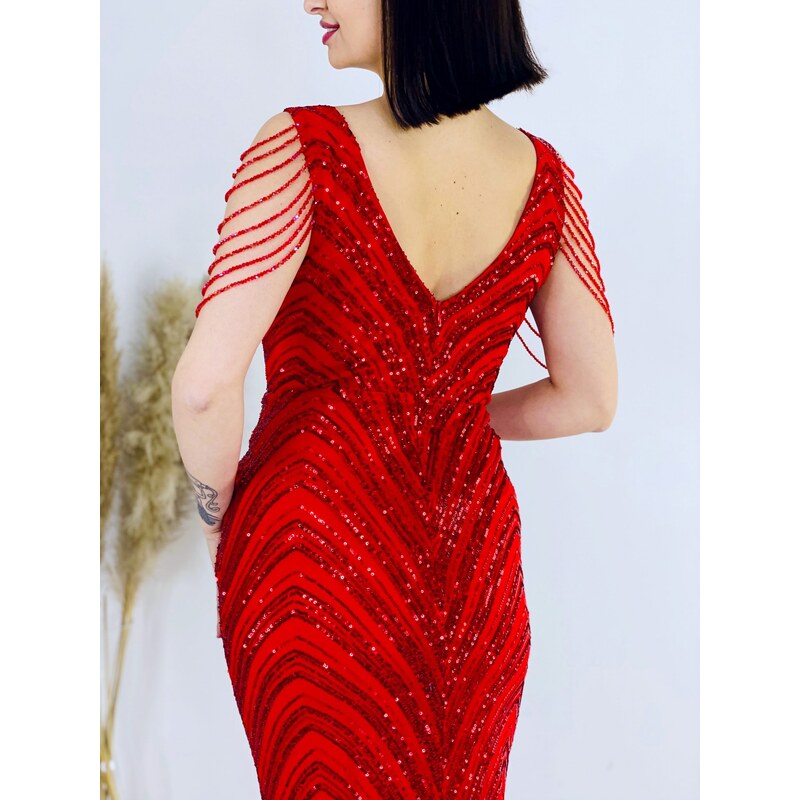 Webmoda Dámské červené třpytivé společenské šaty s flitry pro moletky