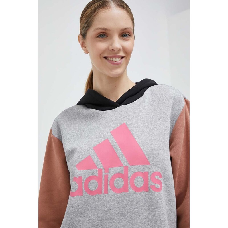 Mikina adidas dámská, šedá barva, s kapucí, vzorovaná