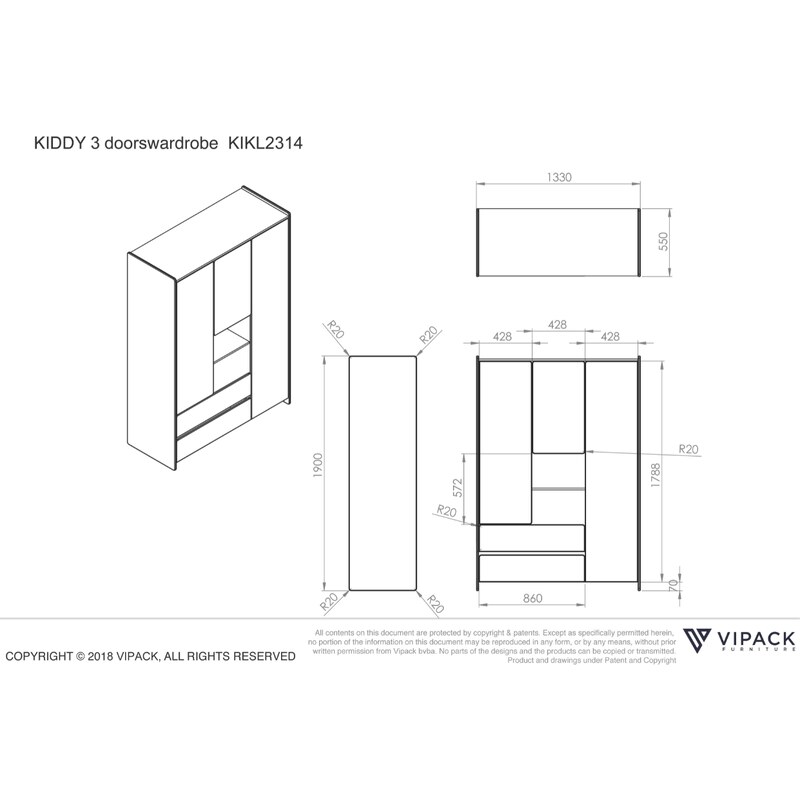 Bílá lakovaná šatní skříň Vipack Kiddy 138 x 54 cm