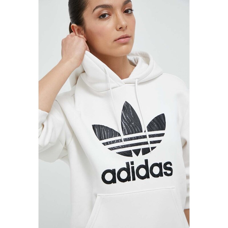 Mikina adidas Originals dámská, bílá barva, s kapucí, s potiskem