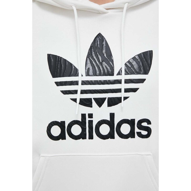 Mikina adidas Originals dámská, bílá barva, s kapucí, s potiskem