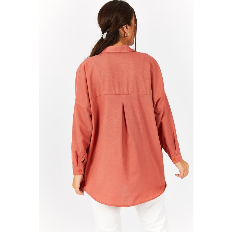 armonika Women's Salmon Oversize Long Basic Shirt