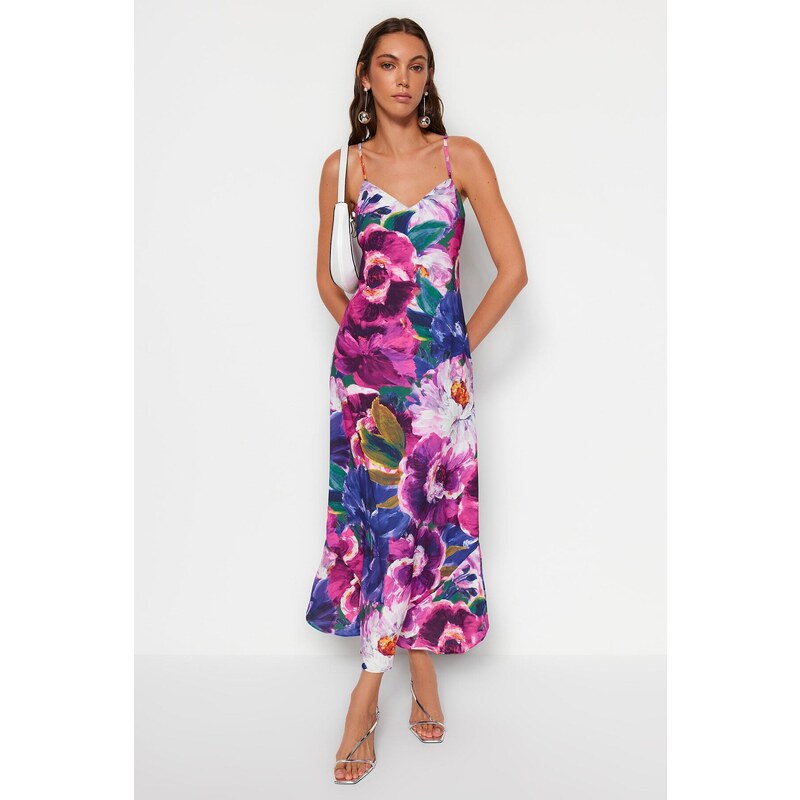 Trendyol Multicolored Strappy Floral Midi Textured Woven Dress