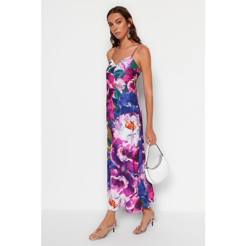 Trendyol Multicolored Strappy Floral Midi Textured Woven Dress