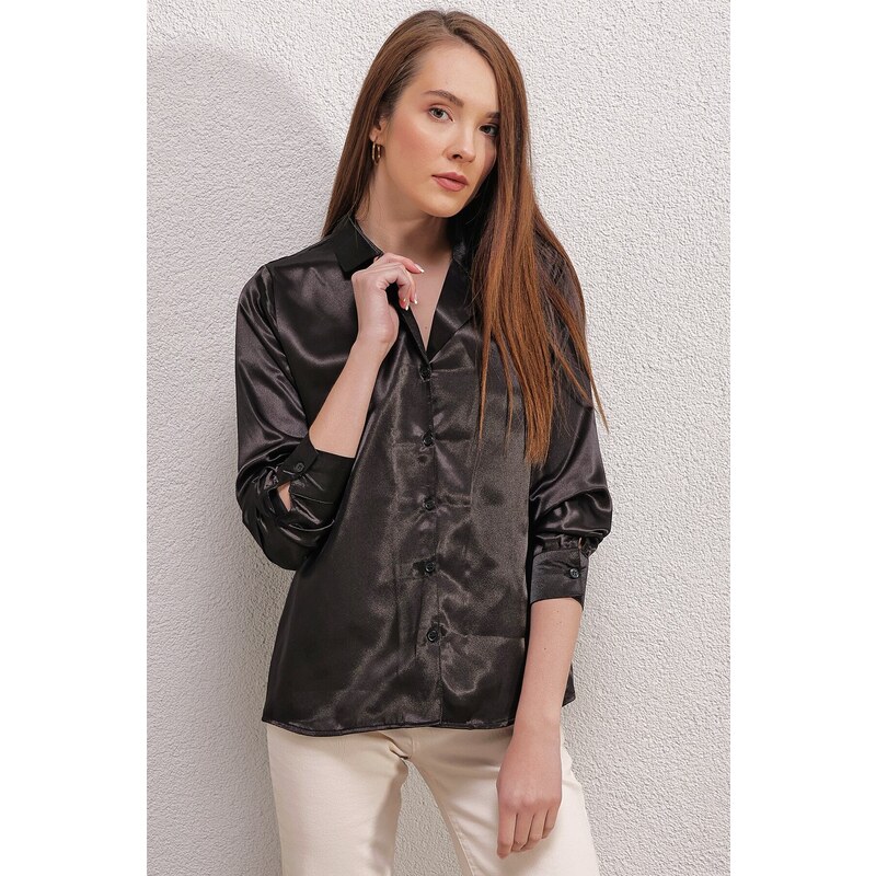 Bigdart 20140 Double Breasted Collar Satin Shirt - Black