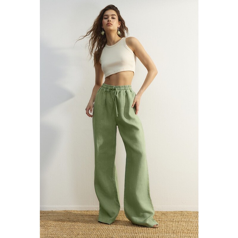 Trendyol Green 100% lněné kalhoty s vysokým pasem a širokými 107062655