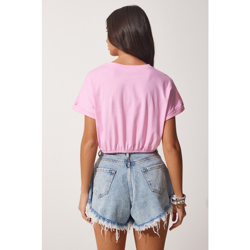 Happiness İstanbul Women's Pink Elastic Waist Crop T-Shirt