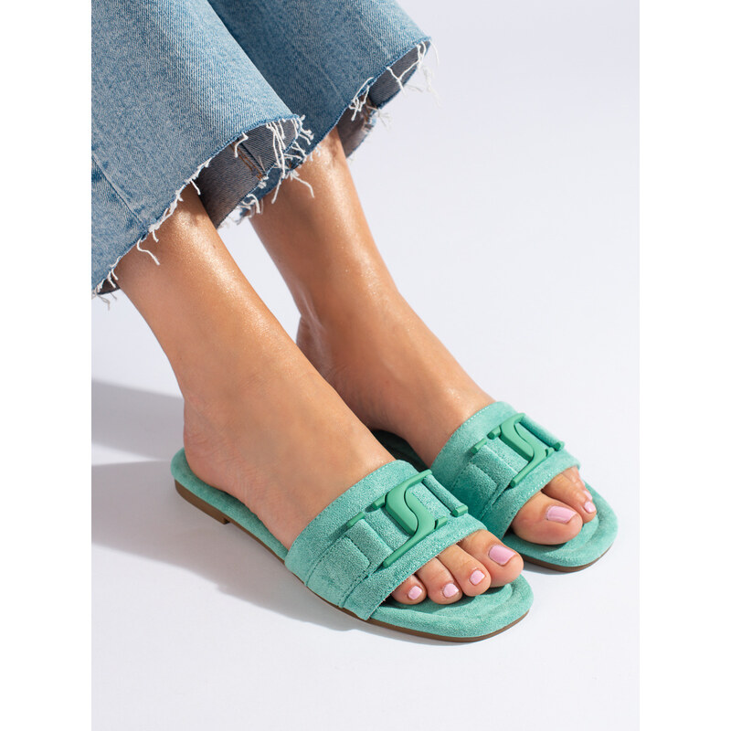 Women's suede green slippers Shelvt
