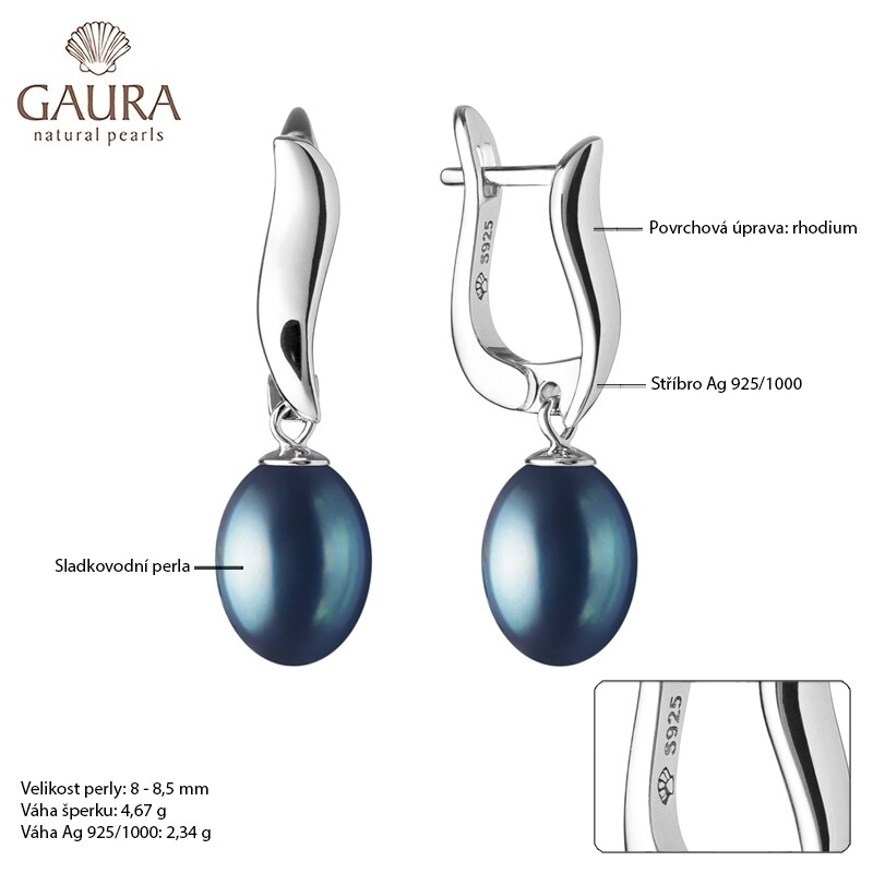 Gaura Pearls Stříbrné náušnice s černou řiční perlou Anna, stříbro 925/1000