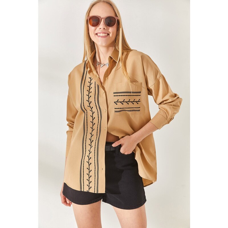 Olalook Camel Pocket Detailed Printed Woven Shirt