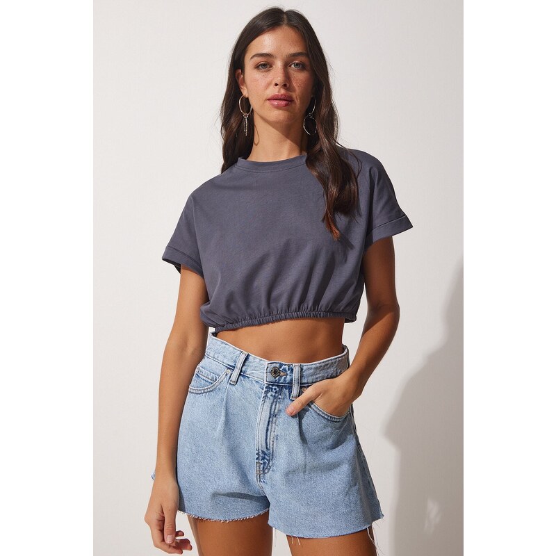 Happiness İstanbul Women's Anthracite Waist Elastic Crop T-Shirt