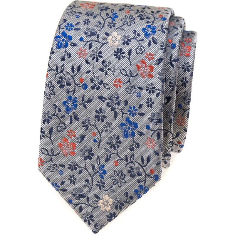 Avantgard Světle šedá luxusní pánská slim kravata s barevnými květy