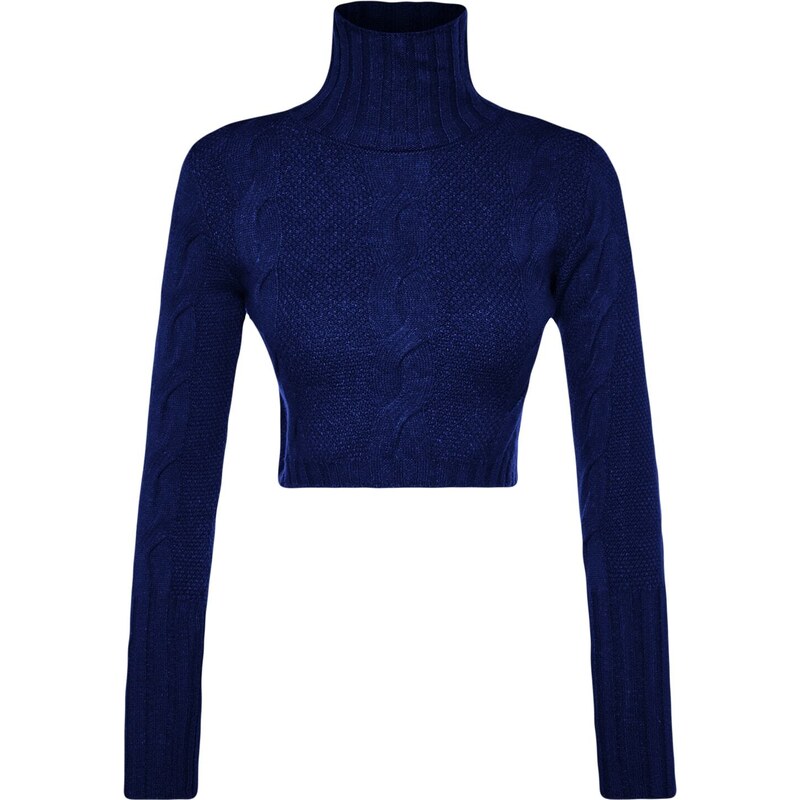 Trendyol Navy Blue Crop Měkký texturovaný pletený svetr