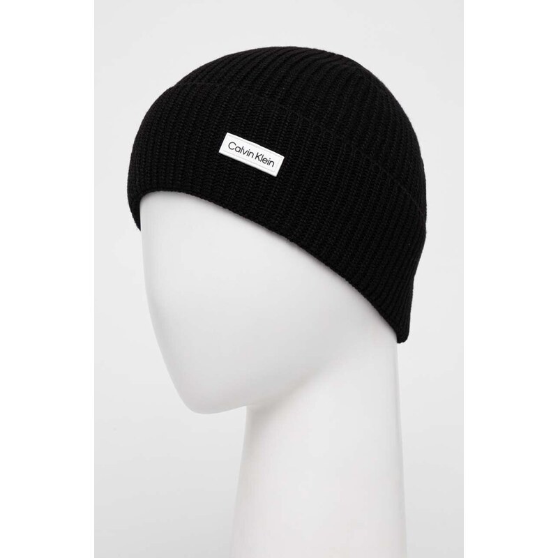 Čepice z vlněné směsi Calvin Klein černá barva, z tenké pleteniny