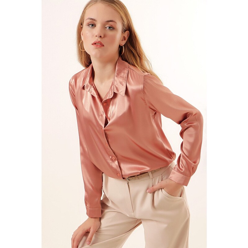 Bigdart 3964 Lightly Flowy Satin Shirt - Camel