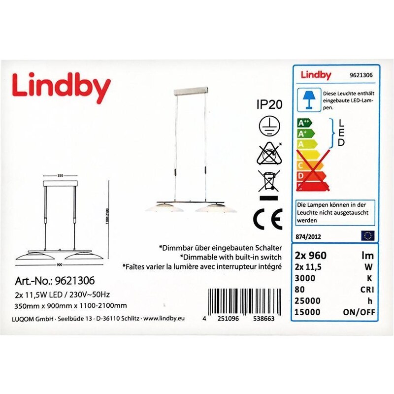 Lampenwelt Lindby - LED Stmívatelný lustr na lanku JUDIE 2xLED/11,5W/230V LW0158