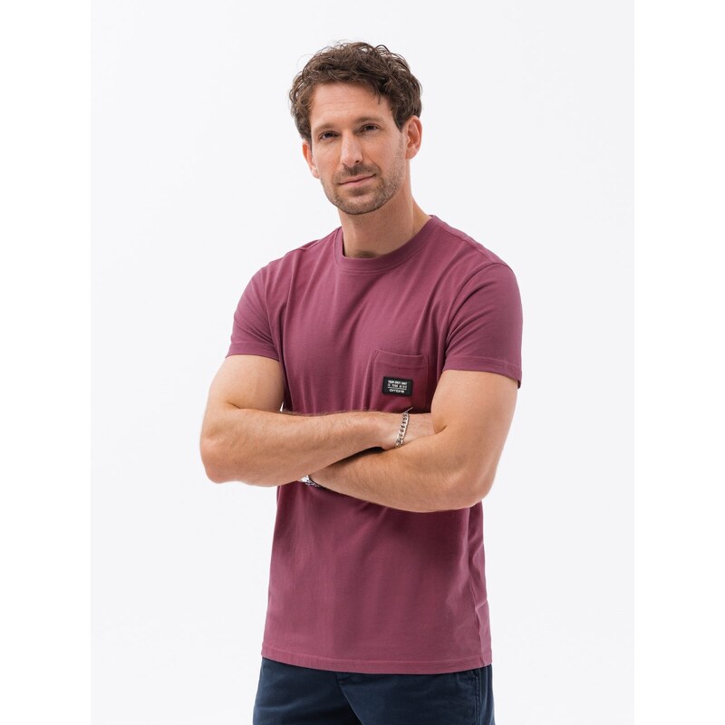 Ombre Clothing Pánské bavlněné tričko s kapsou - tmavě růžové V5 S1743