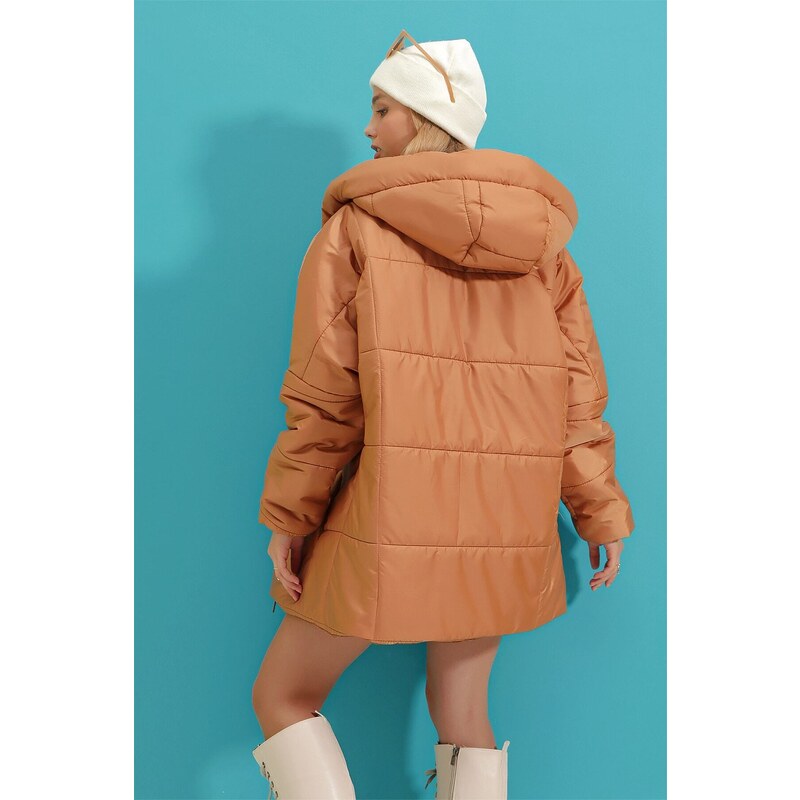 Trend Alaçatı Stili Dámské Velbloudí Kapuce Fleto Pocket Puffer Módní Oversize Down Coat