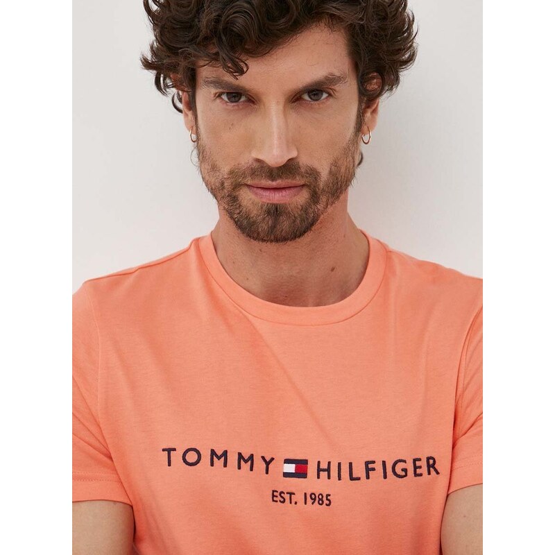 Bavlněné tričko Tommy Hilfiger oranžová barva, s aplikací