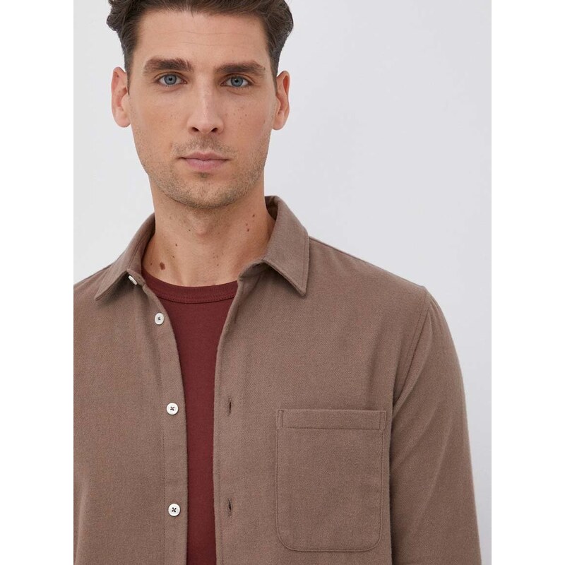 Košile Samsoe Samsoe Liam pánské, hnědá barva, regular, s klasickým límcem, M20400058