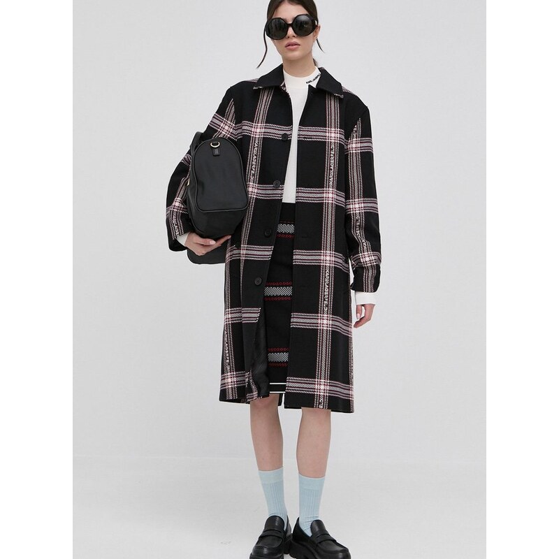 Kabát s vlnou Karl Lagerfeld černá barva, přechodný