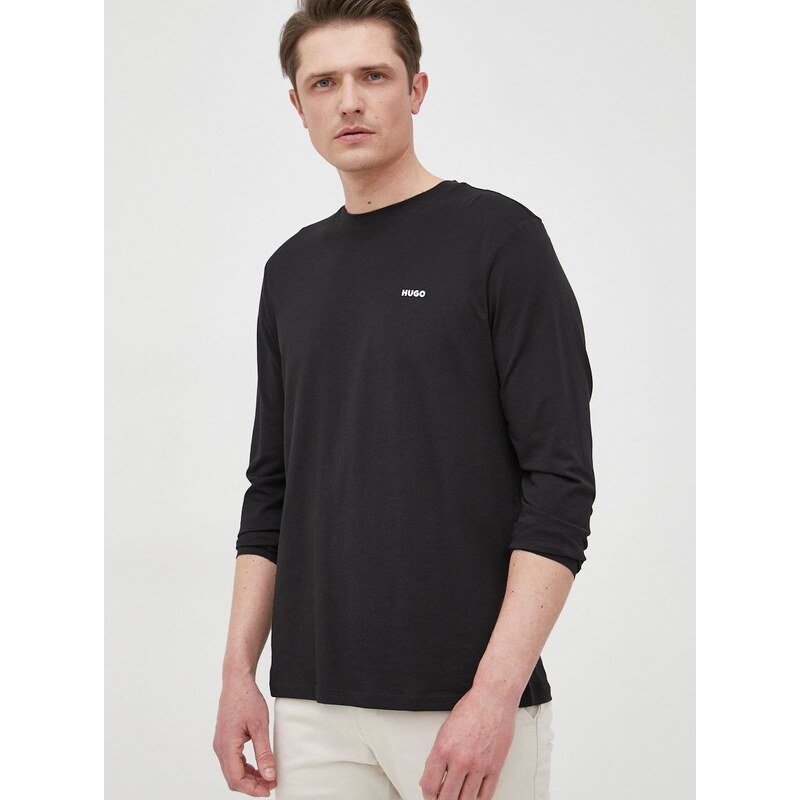 Bavlněné tričko s dlouhým rukávem HUGO černá barva, s potiskem
