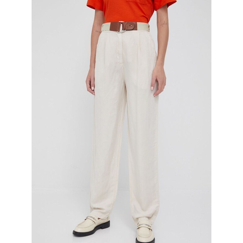 Kalhoty s lněnou směsí Emporio Armani dámské, béžová barva, jednoduché, high waist