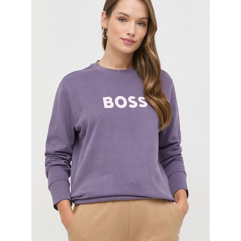 Bavlněná mikina BOSS dámská, fialová barva, s potiskem