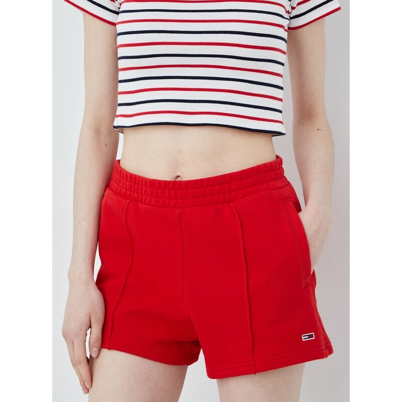Bavlněné šortky Tommy Jeans dámské, červená barva, hladké, high waist