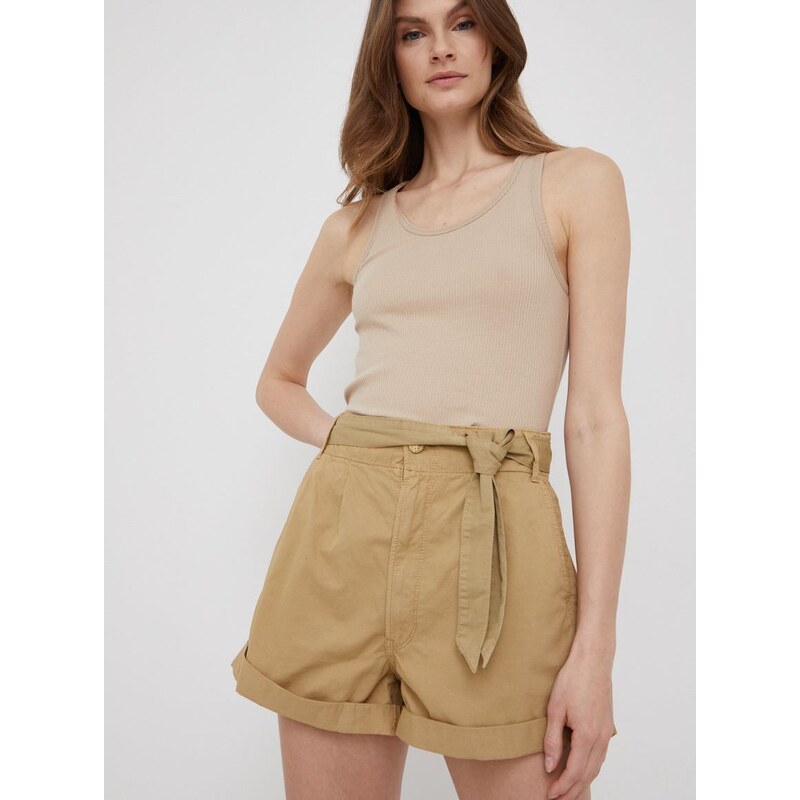 Bavlněné šortky Pepe Jeans Kaylee Short dámské, zelená barva, hladké, high waist