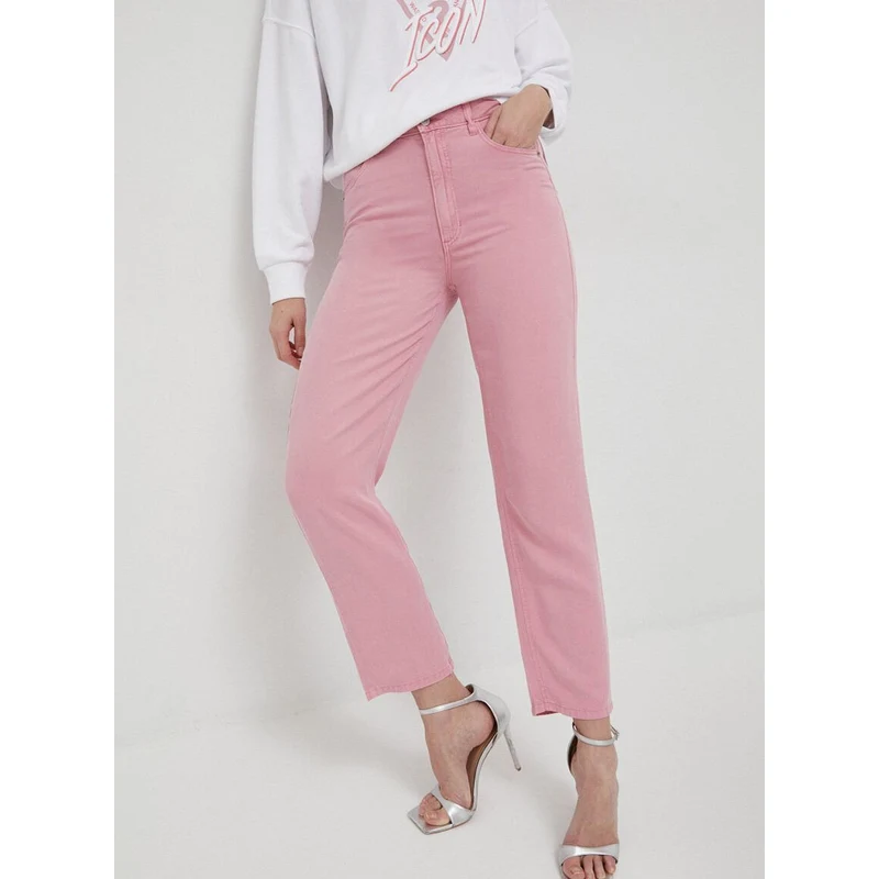 Kalhoty Guess dámské, růžová barva, jednoduché, high waist - GLAMI.cz