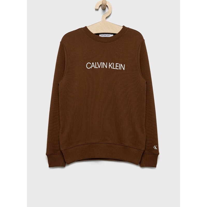 Dětská bavlněná mikina Calvin Klein Jeans hnědá barva, s potiskem