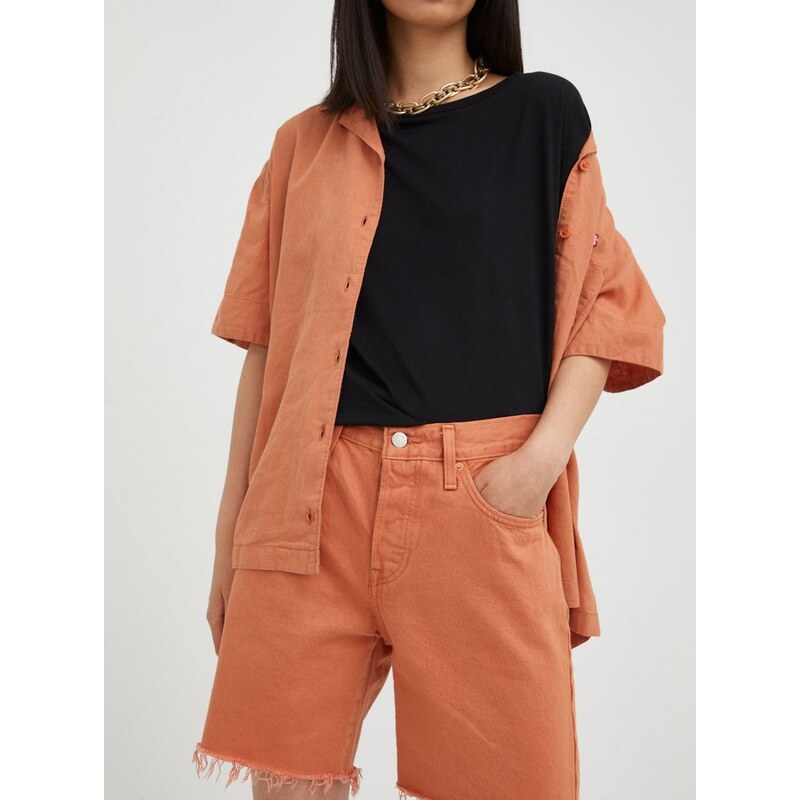 Džínové šortky Levi's dámské, oranžová barva, hladké, high waist