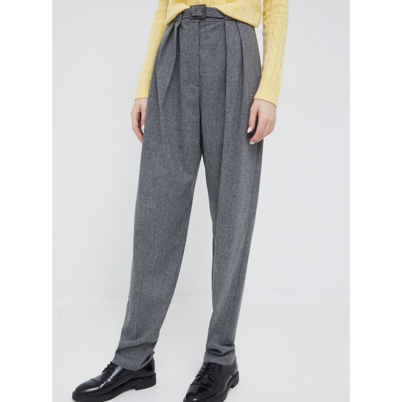 Vlněné kalhoty Emporio Armani dámské, šedá barva, střih chinos, high waist