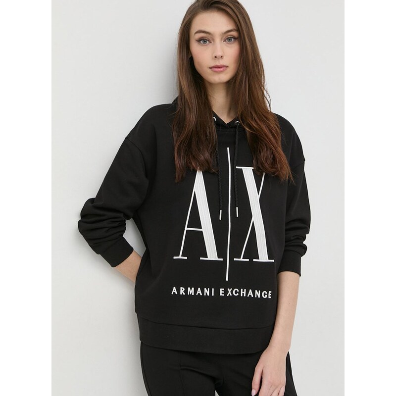 Bavlněná mikina Armani Exchange dámská, černá barva, s aplikací