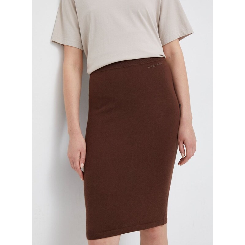 Vlněná sukně Calvin Klein hnědá barva, midi, pouzdrová