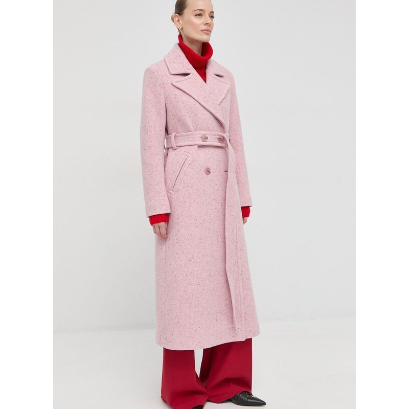 Vlněný kabát Beatrice B růžová barva, přechodný, dvouřadový