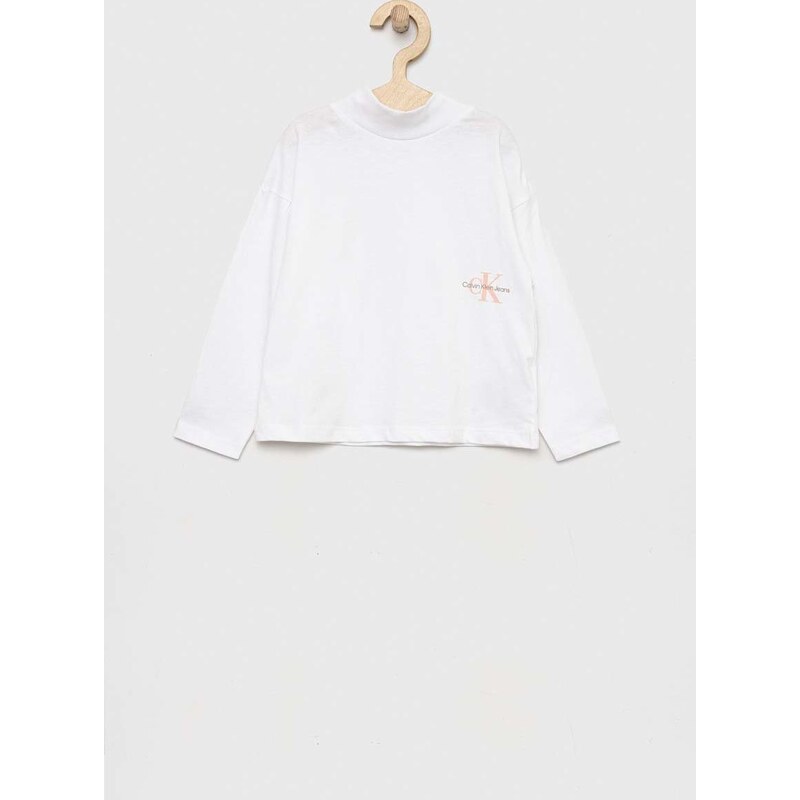 Dětská bavlněná košile s dlouhým rukávem Calvin Klein Jeans bílá barva, s pologolfem