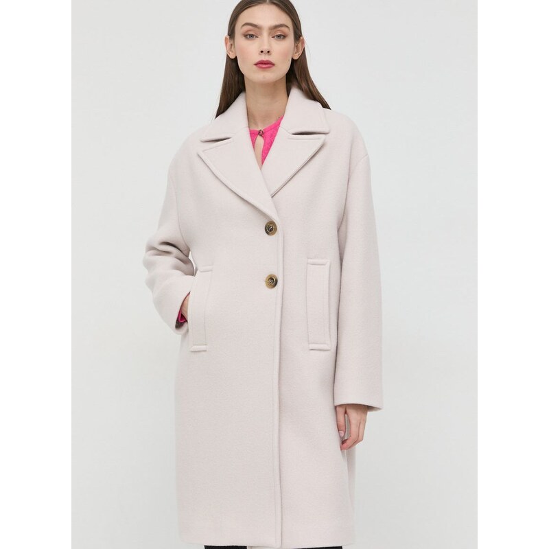 Vlněný kabát Pinko dámský, šedá barva, přechodný, dvouřadový