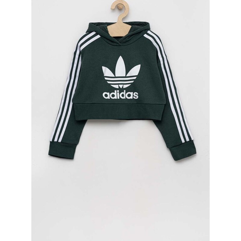 Dětská mikina adidas Originals zelená barva, s kapucí, s potiskem