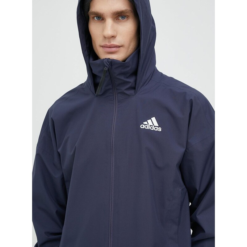 Nepromokavá bunda adidas pánská, tmavomodrá barva, přechodná