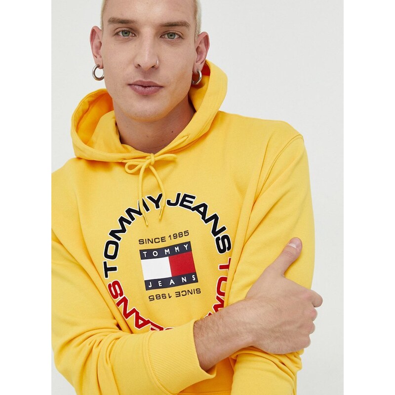 Bavlněná mikina Tommy Jeans pánská, žlutá barva, s kapucí, s potiskem