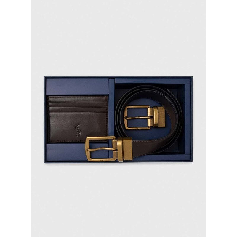 Pásek a kožený držák na karty Polo Ralph Lauren hnědá barva