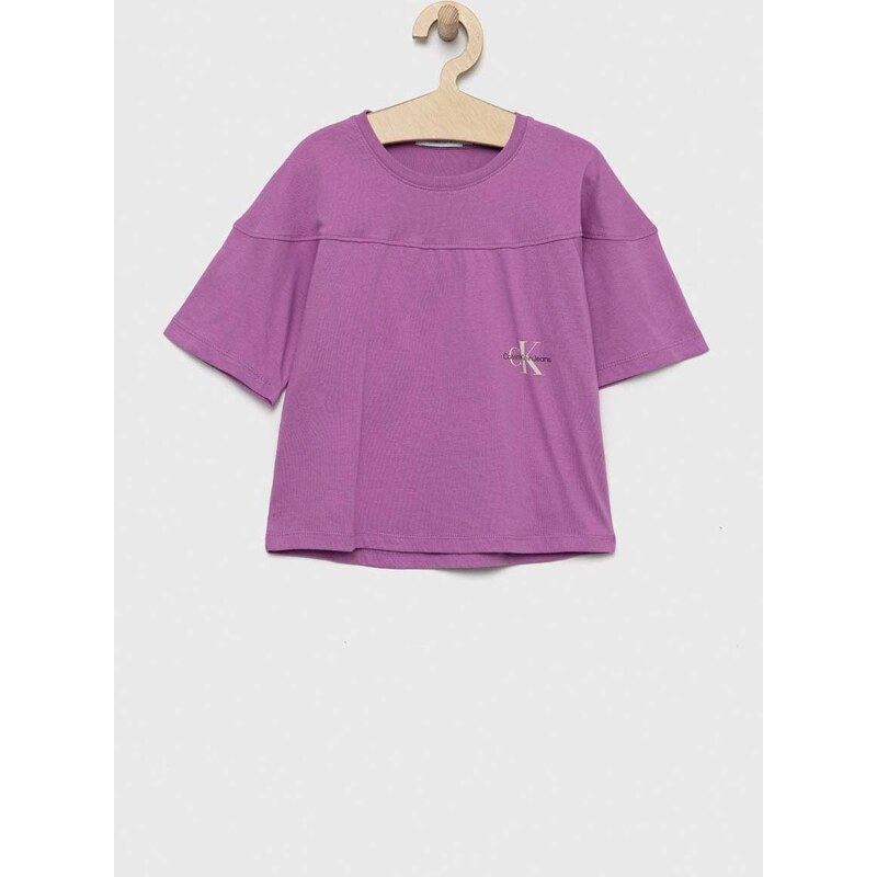 Dětské bavlněné tričko Calvin Klein Jeans fialová barva